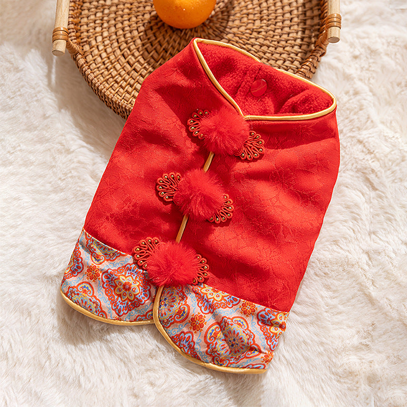 Warm Chinese Plum Blossom Patterned Tang Suit, Button-up Vest, Small Dog Teddy Pet Clothes For Cats In Autumn And Winter