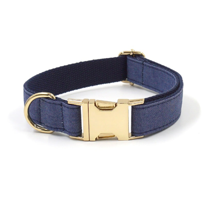 Lettering Deep Denim Gold Buckle Pet Collar Leash Bow Tie Suit