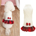 New Pet Clothes White And Gray Knitted Sweater With Bow, Plaid Wool Skirt