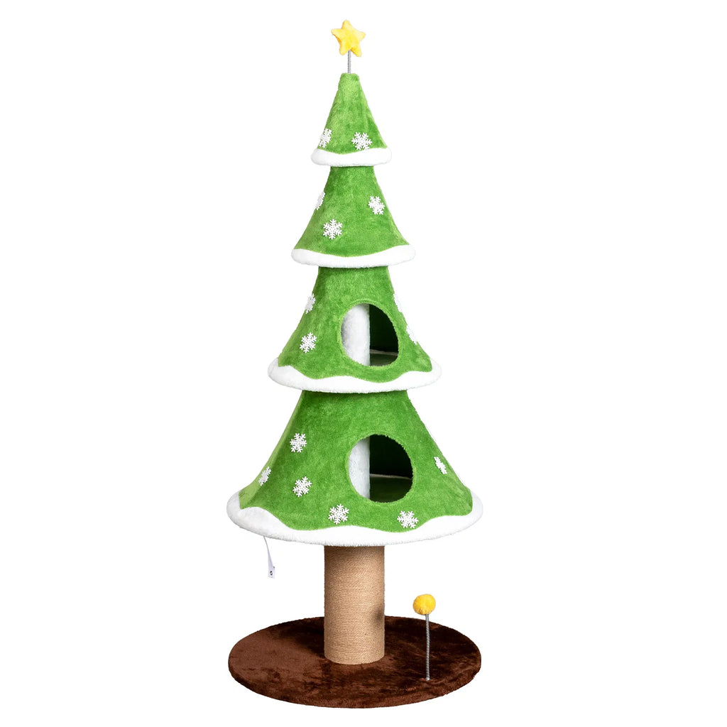 59in Large Tall Christmas Tree Cat Tower with 2 Cat Condos & Scratching Post, Soft Fleece Cat Tree with Teaser Toy & Sturdy Base & Built-in Openings