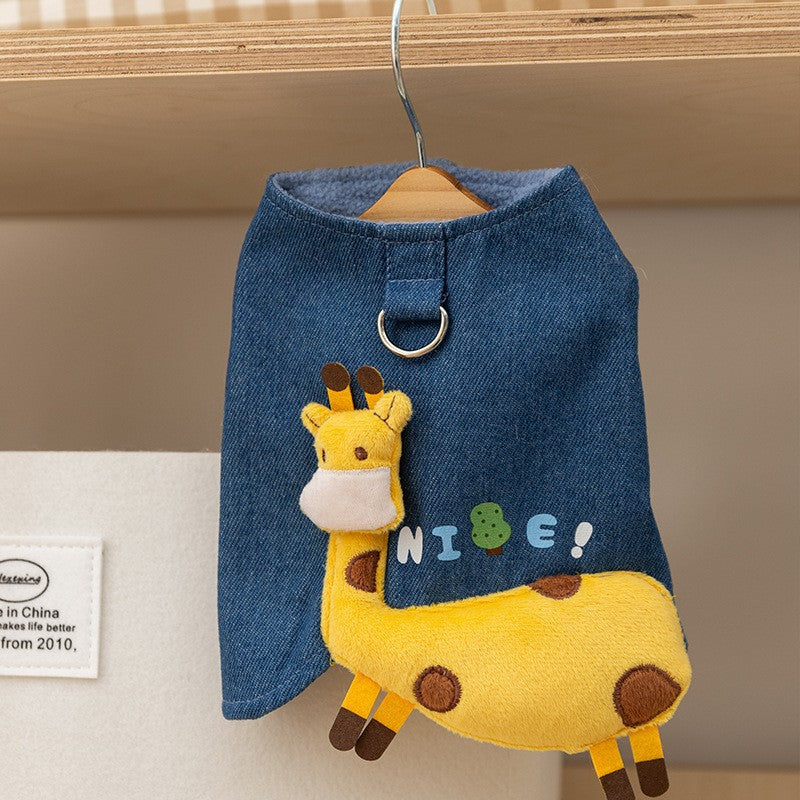 3D Deer Denim Pet Vest, Warm Fleece Lined Pullover For Small Dogs Cats, Winter Costume With Leash Hoo