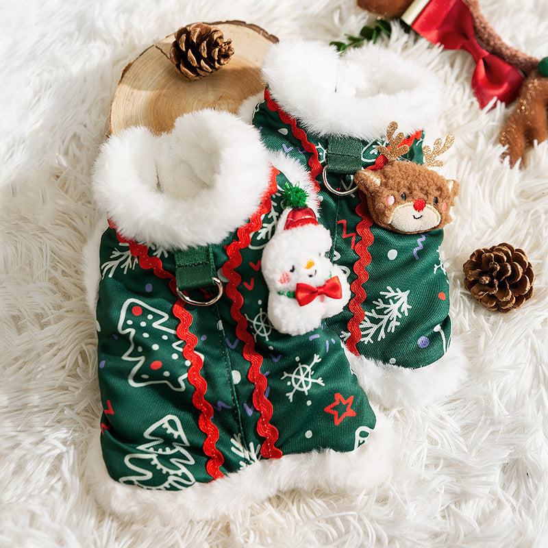 Christmas Dog Shirt With Snowman Patch, Warm Plush Pet Winter Clothes For Small Dogs, Green Holiday T-Shirt With Christmas Tree Print And D-Ring