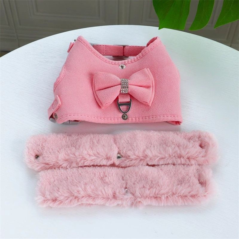 Cute Warm Small Dog Harness And Leash Set With Bow Tie, Soft Padded Puppy Harness With Removable Fur Collar, Adjustable Girl Dog Harness With Quick