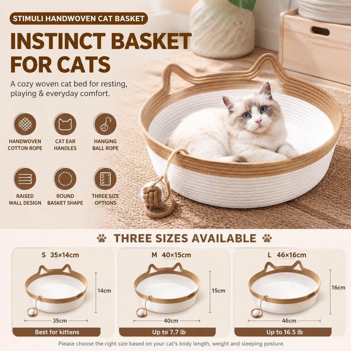 Basket For Cats, 35&40&46cm Stimuli Handwoven Cat Basket Bed With Cat Ear Handles, Cotton Rope Cat Basket Bed Ball Rope, Indoor Use For All Cats