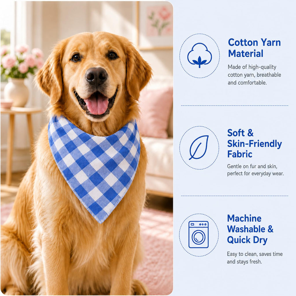 Blue & White Plaid Dog Bandana 1 Pack, Soft Cotton Blend Square Pet Scarf For Medium Dogs, Lightweight Breathable Kerchief, Fits Neck Up To 18 Inches