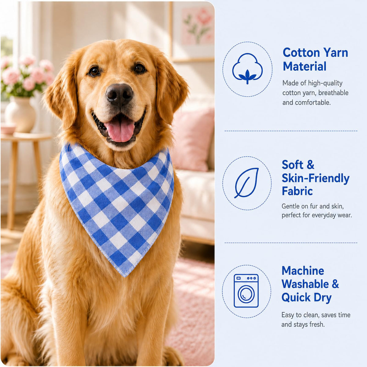 Blue & White Plaid Dog Bandana 1 Pack, Soft Cotton Blend Square Pet Scarf For Medium Dogs, Lightweight Breathable Kerchief, Fits Neck Up To 18 Inches