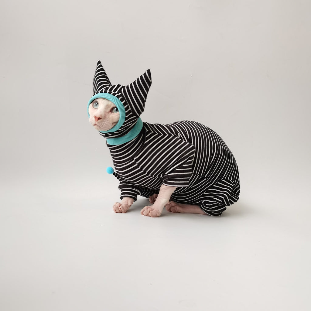 Sphynx Cat Striped Pyjamas Four Legged Clothing with Tail and Hat
