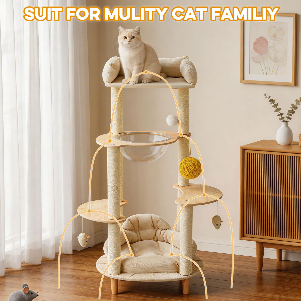 Modern Heavy-Duty No-Drill 4-Tier Solid Wood Cat Tree- 45.7in Multi-Cat Tower With Cozy Bed, Capsule & Extra Wide Perch