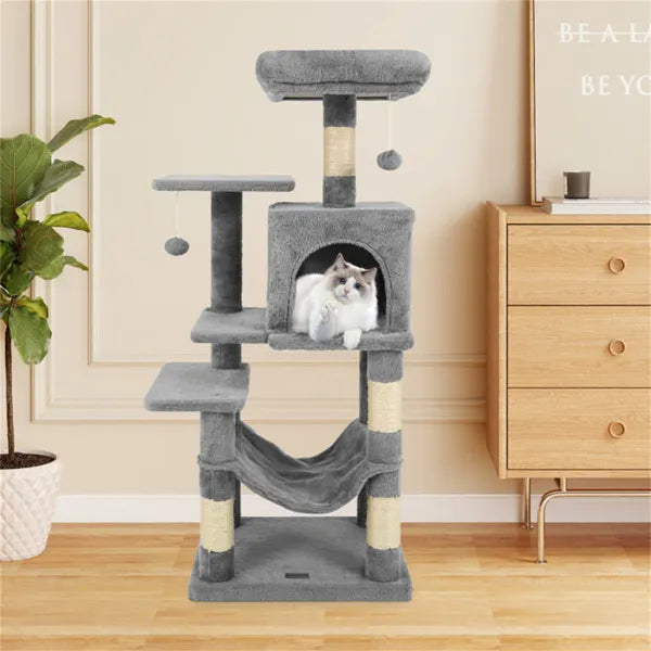 44" Multi-Level Cat Tree With Spacious Top Perch, 2-Door Condo & Hammock For Indoor Cats -Light Gray