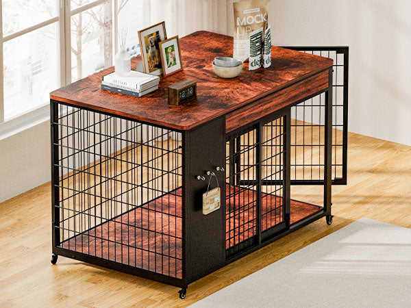 42-Inch Double Wide Wooden Double-Door Dog Crate Side Table Combo - Heavy-Duty DIY Assembly, Chew-Resistant Construction, Indoor Living Room