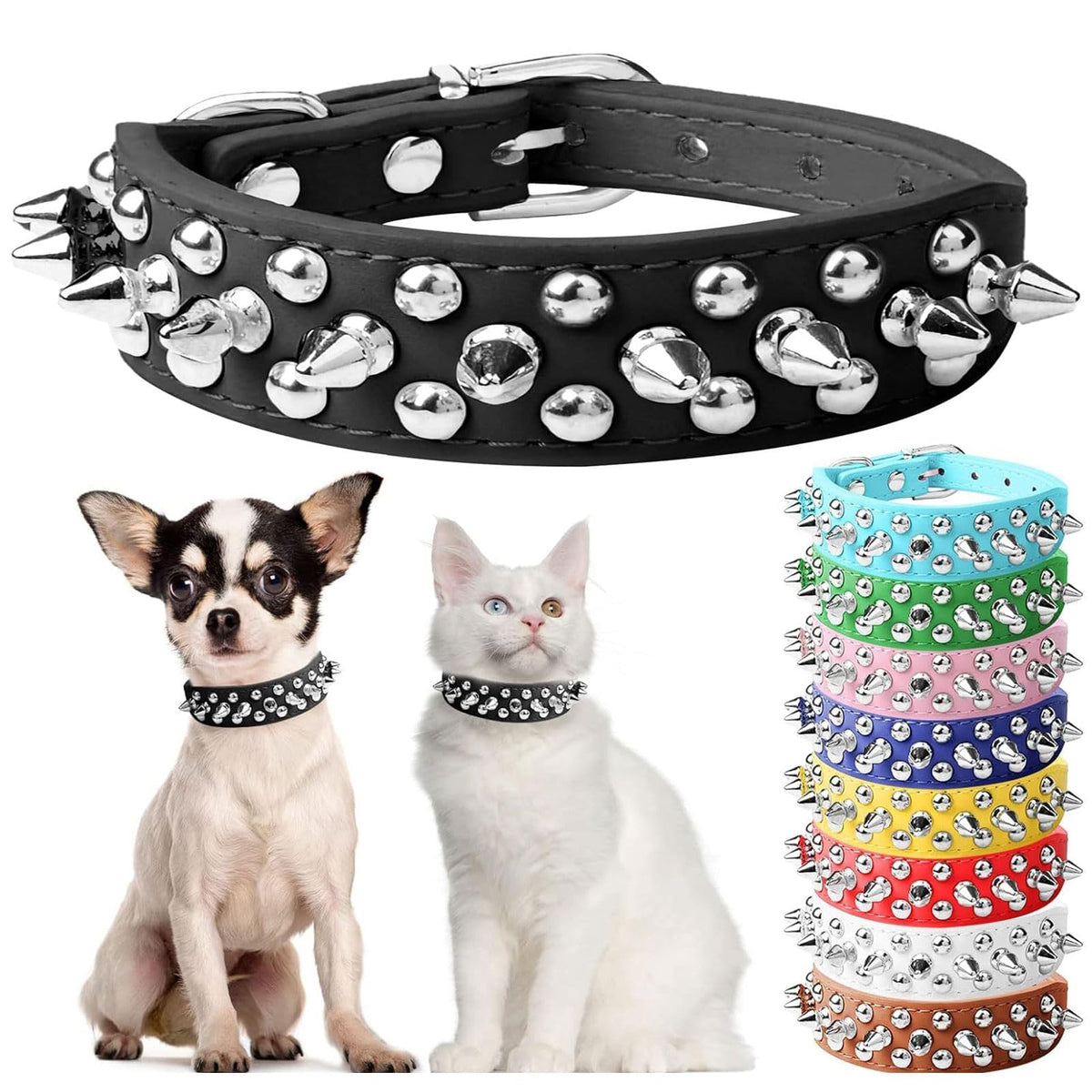 Small Spiked Black Dog Cat Collar For Small Medium Dogs Boy Male - Adjustable Studded Puppy Collars - Soft Padded Punk Leather Dog Collar For