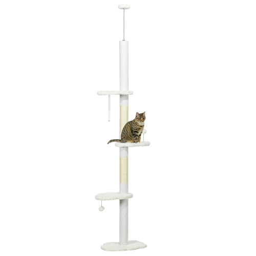 PawHut Floor To Ceiling Cat Tree With Scratching Posts, 88.5-100.5 Adjustable Height, Cat Climbing Tower With Cloud Shape Platforms, Toy Balls