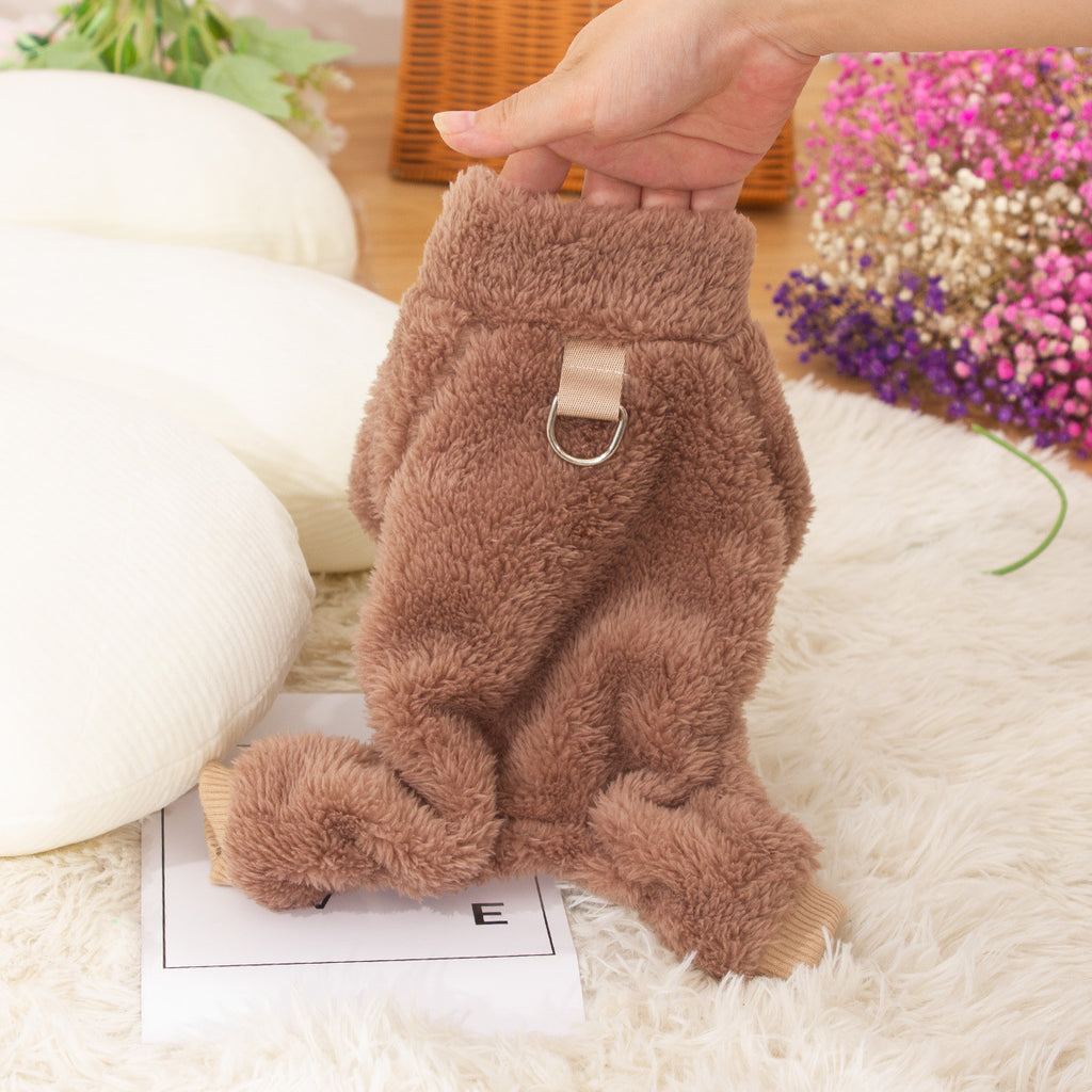 Dog Clothes Four-legged Pet Clothing Autumn And Winter Double-sided Thick Plush High Collar Warm Pet Clothes Cute Towing Ring