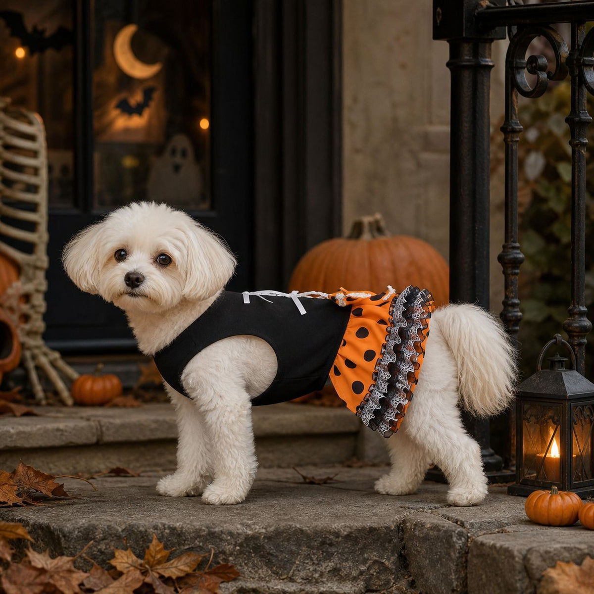 Halloween Dog Dress, Cute Pet Tutu Skirt With Orange Black Polka Dots Lace Bow, Puppy Party Costume For Small Medium Dogs, Bichon Maltese Teddy
