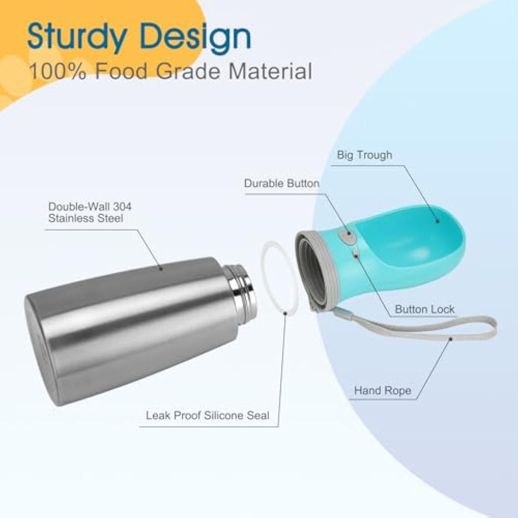 Portable Dog Water Bottle 700ml Stainless Steel Leak Proof Puppy Water Dispenser With Drinking Feeder For Pets Travel Walking Hiking And Outdoor