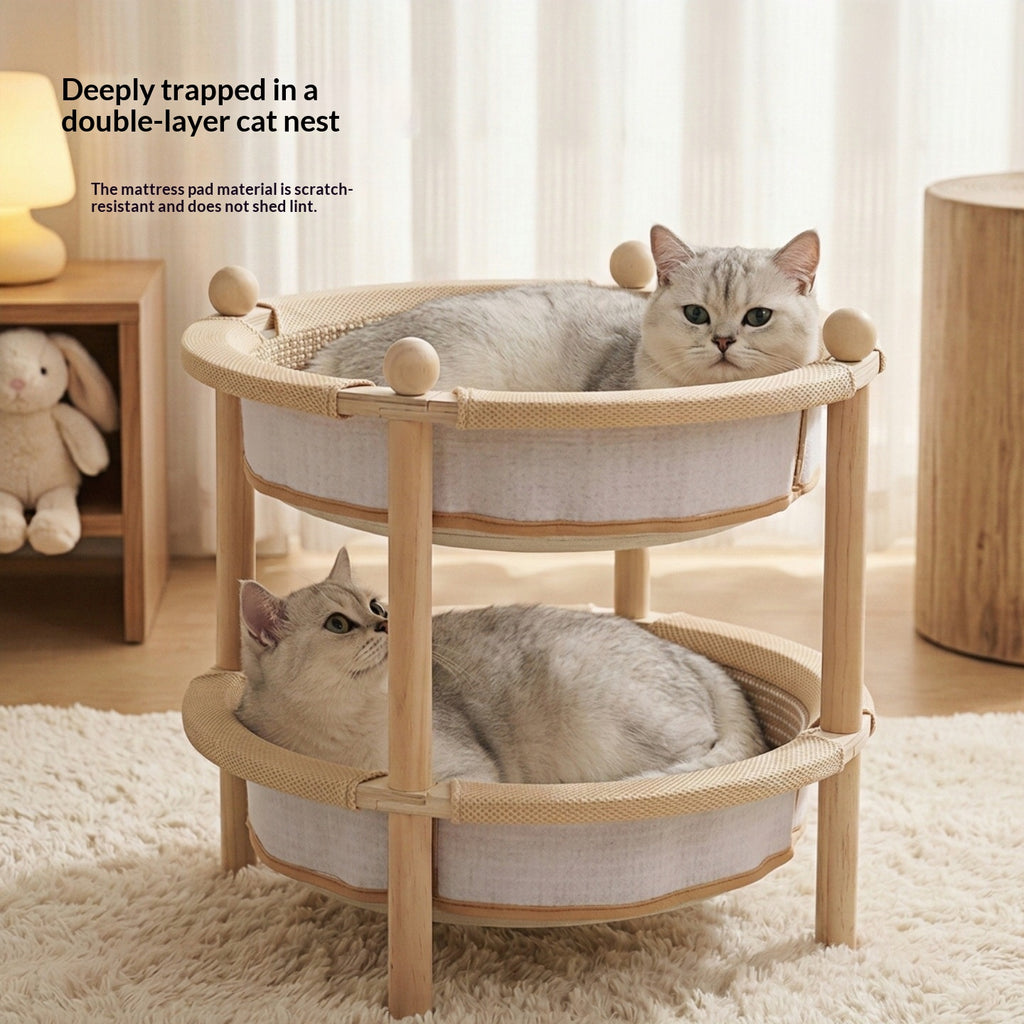 Double-Layer Large Wooden Round Cat Bed With Scratching Post