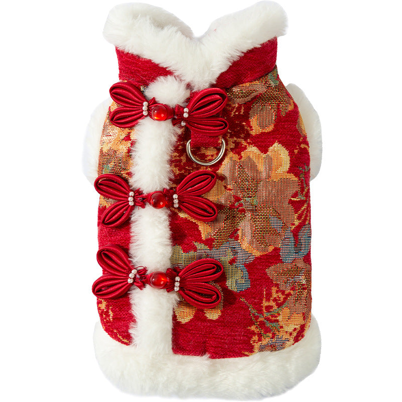 In Autumn And Winter, Cats Keep Warm. Chinese Style Of Wealth And Prosperity Bloom. New Year, Button-down Vests, Tang Suits, Little Dogs
