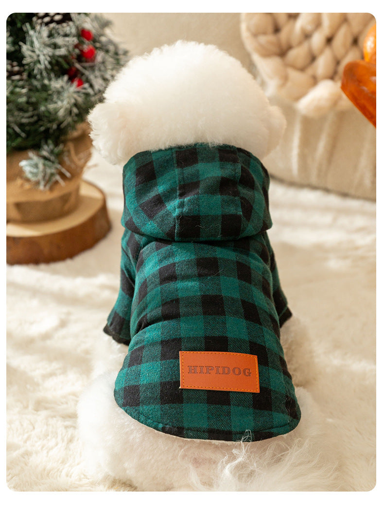 Pet Dog Classic Plaid Hooded Cotton-padded Coat