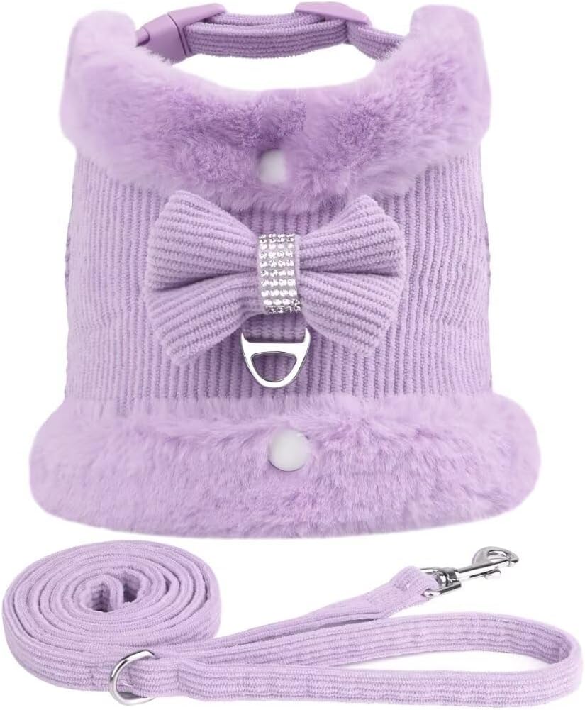 Cute Warm Small Dog Harness And Leash Set With Bow Tie, Soft Padded Puppy Harness With Removable Fur Collar, Adjustable Girl Dog Harness With Quick