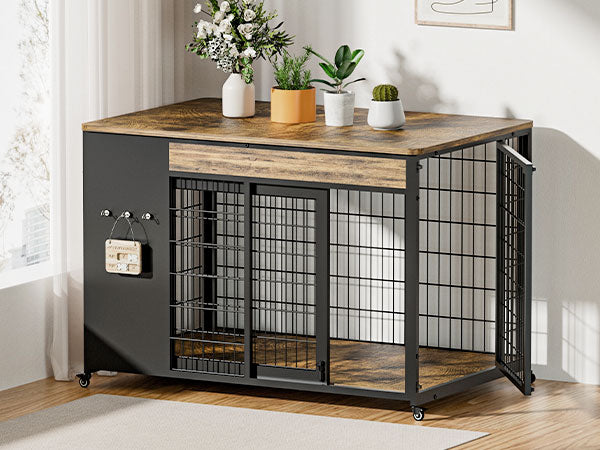 42-Inch Double Wide Wooden Double-Door Dog Crate Side Table Combo - Heavy-Duty DIY Assembly, Chew-Resistant Construction, Indoor Living Room