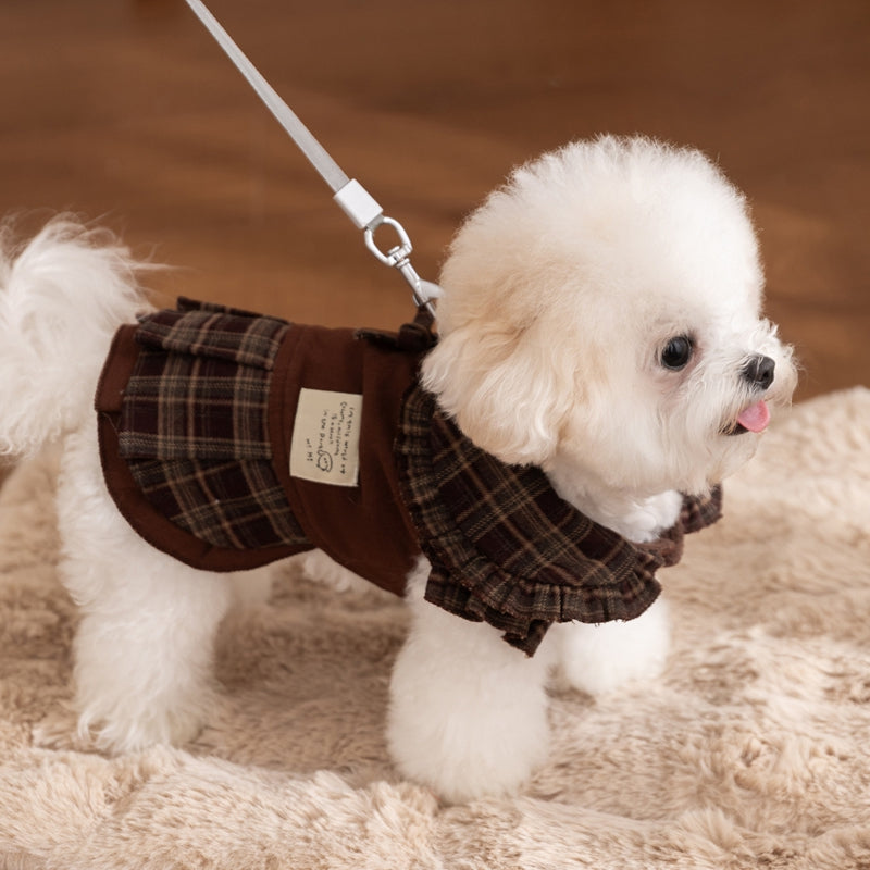Cozy Brown Plaid Pet Sweater Dress - Fleece-Lined Dog Skirt And Cat Winter Clothes With Ruffle Trim