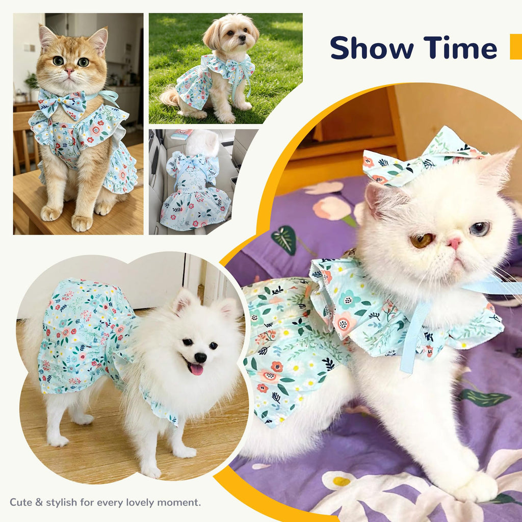Cute Floral Small Dog Cat Harness Dress Outfits With Bow & Leash D-Ring,Soft Breathable Summer Ruffle Puppy Clothes Girl,3-Way Styling Female Dog