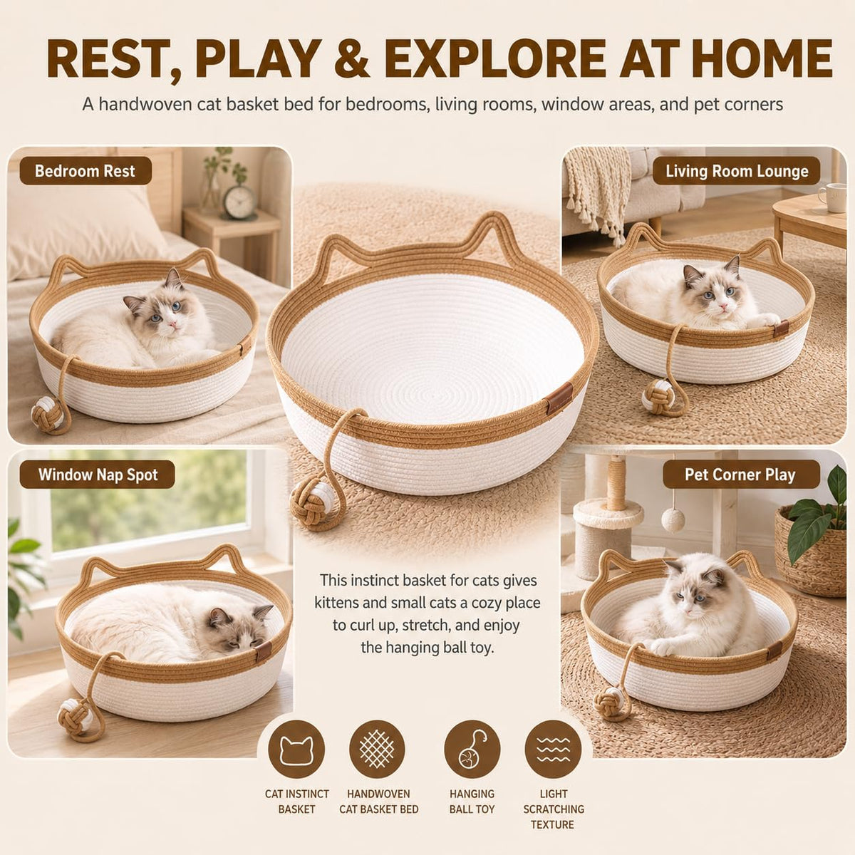 Basket For Cats, 35&40&46cm Stimuli Handwoven Cat Basket Bed With Cat Ear Handles, Cotton Rope Cat Basket Bed Ball Rope, Indoor Use For All Cats