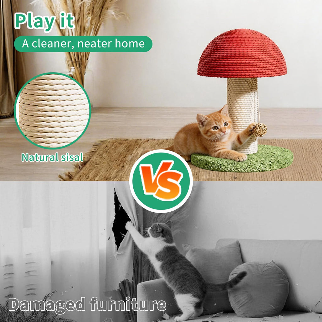 Mushroom Cat Scratching Post 11inch For Kitten & Small Cats, Mini Cat Tree Stable Base, Natural Sisal Scratcher With Hanging Ball, Space Saving Indoor