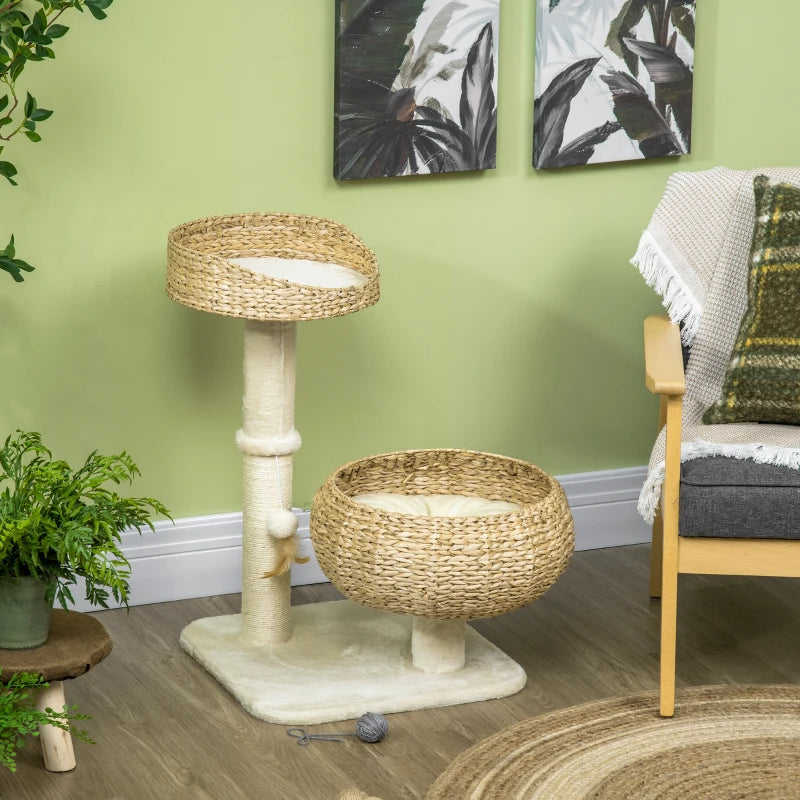 Elevated Cat Bed With Sisal Scratching Post For Indoor Kitties, Modern Cat Tree With Cute Basket Design, Small Cat Tree With Ball Toy