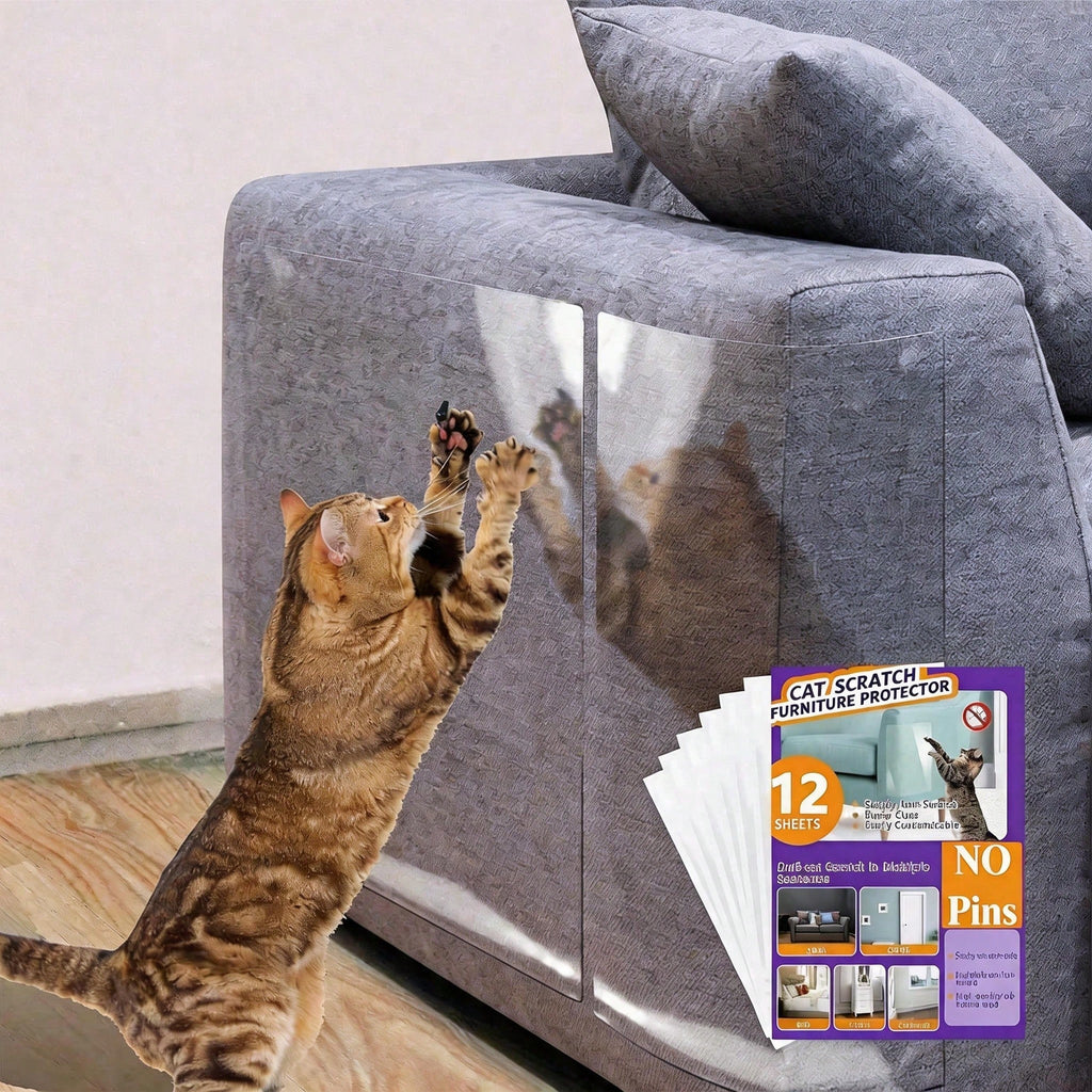 Anti Cat Scratch Protector 12 Pack, 6 Sheets Of 279 358mm And 6 Sheets Of 140 358mm, Single Side Couch Protector, Self Adhesive Cat Tape, Clear