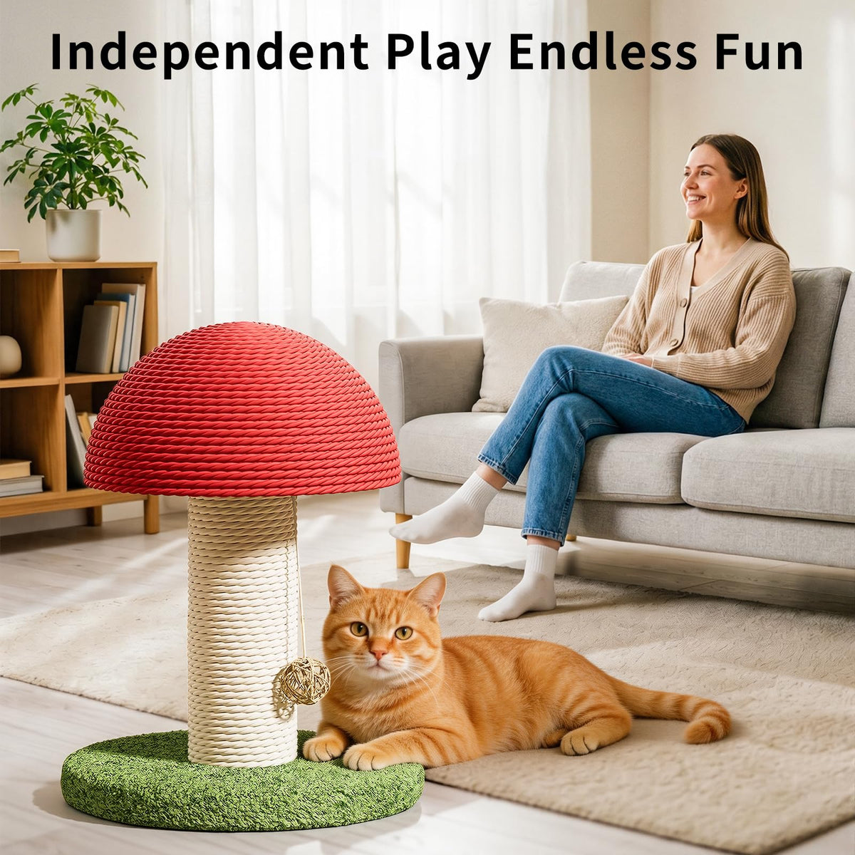 Mushroom Cat Scratching Post 11inch For Kitten & Small Cats, Mini Cat Tree Stable Base, Natural Sisal Scratcher With Hanging Ball, Space Saving Indoor