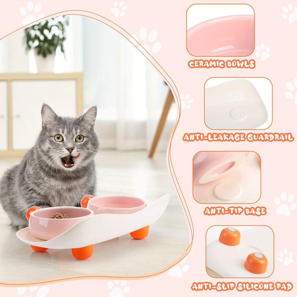 Elevated Ceramic Bowl For Cat Food Double Raised Bowl With Non Slip Support 2 Bowls For Cat Food And Water Washable Ceramic Bowl For Small Dogs