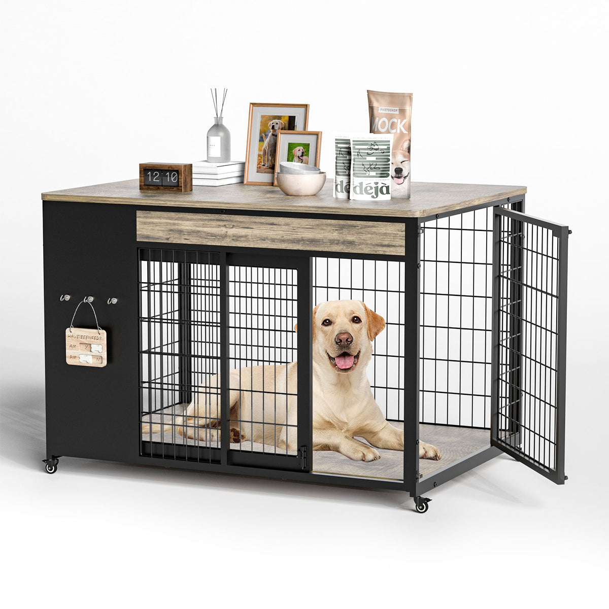 42-Inch Double Wide Wooden Double-Door Dog Crate Side Table Combo - Heavy-Duty DIY Assembly, Chew-Resistant Construction, Indoor Living Room