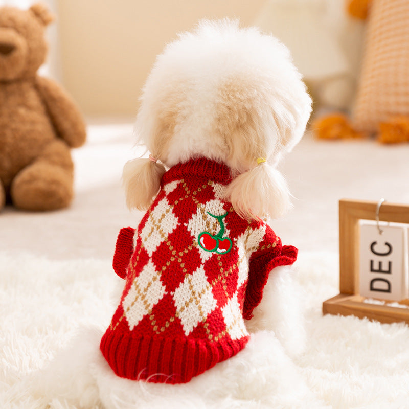 Thick And Warm Diamond-shaped Embroidered Cherry Small Flying Sleeve Sweaters For Dogs In Autumn And Winter, As Well As Pet Clothes For Small And