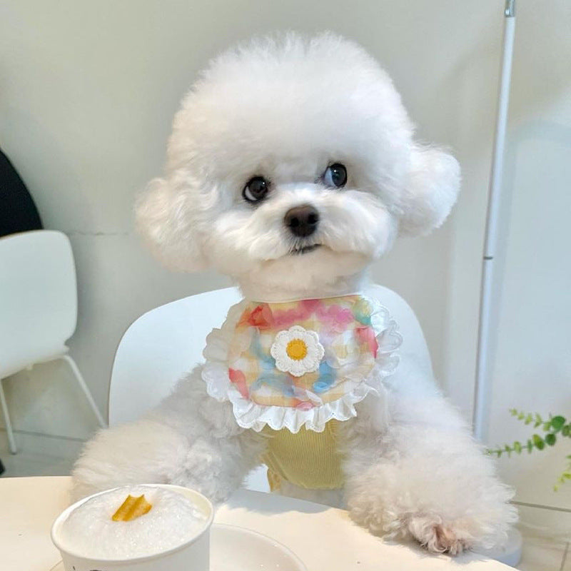 Cute Dog Plaid Lace Bib Pet Saliva Towel
