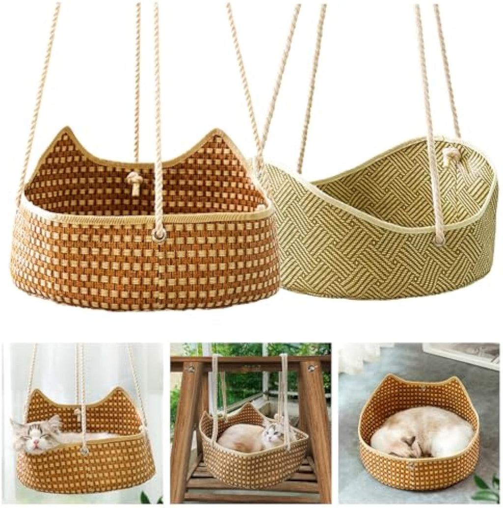 Breathable Cat Hammock - Rattan Crafted Cat Cage With Metal Hooks - Indoor Outdoor Pet Bed- Comfortable Cat Perch For Sleeping Playing Climbing, And