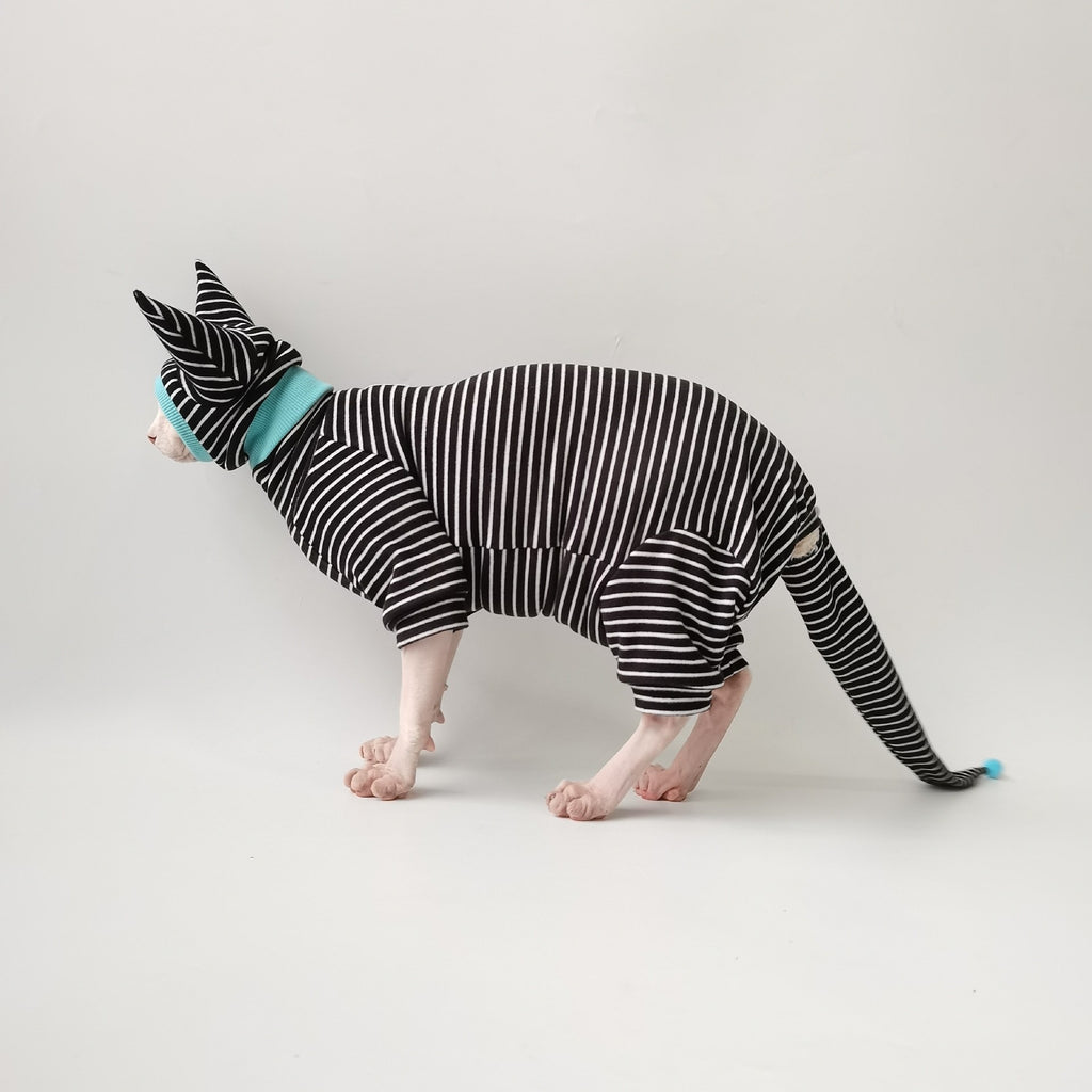 Sphynx Cat Striped Pyjamas Four Legged Clothing with Tail and Hat