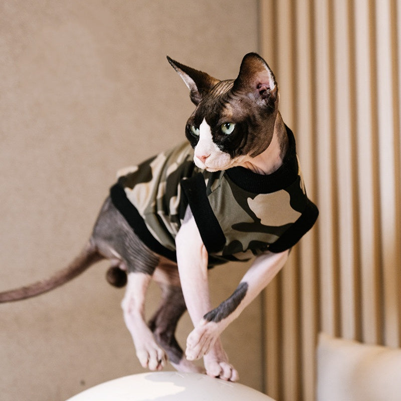 Sphynx Cat Camouflage Cotton Summer Shirt Breathable Lightweight Clothing For Hairless Cats Devon Rex