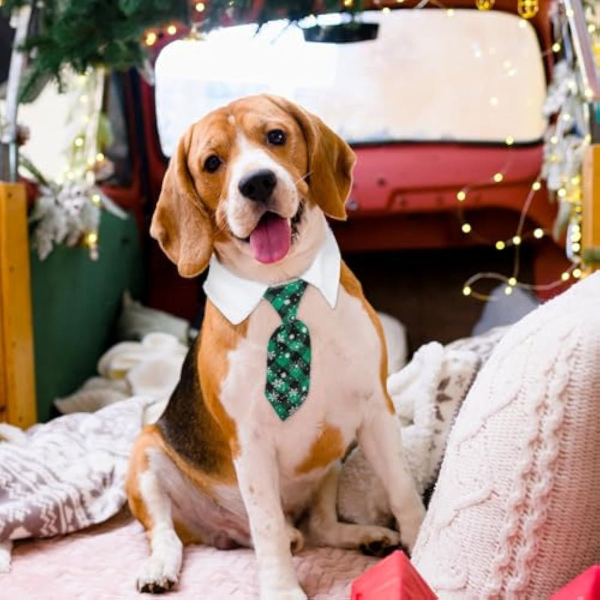 Christmas Dog Necktie, Adjustable Winter Snowflake Pattern Pet Tie Collar With Red Plaid For Small Medium Cat Dog Christmas Weddings Pet Tuxedo Outfit