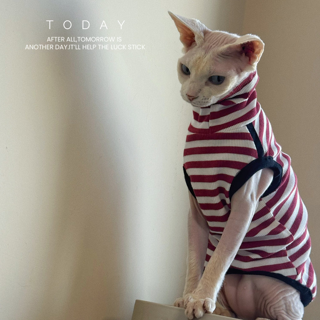 Sphynx Cat Spring Sleeveless Shirt Red And White Striped Fashion Clothes For Hairless Cats Devon Rex