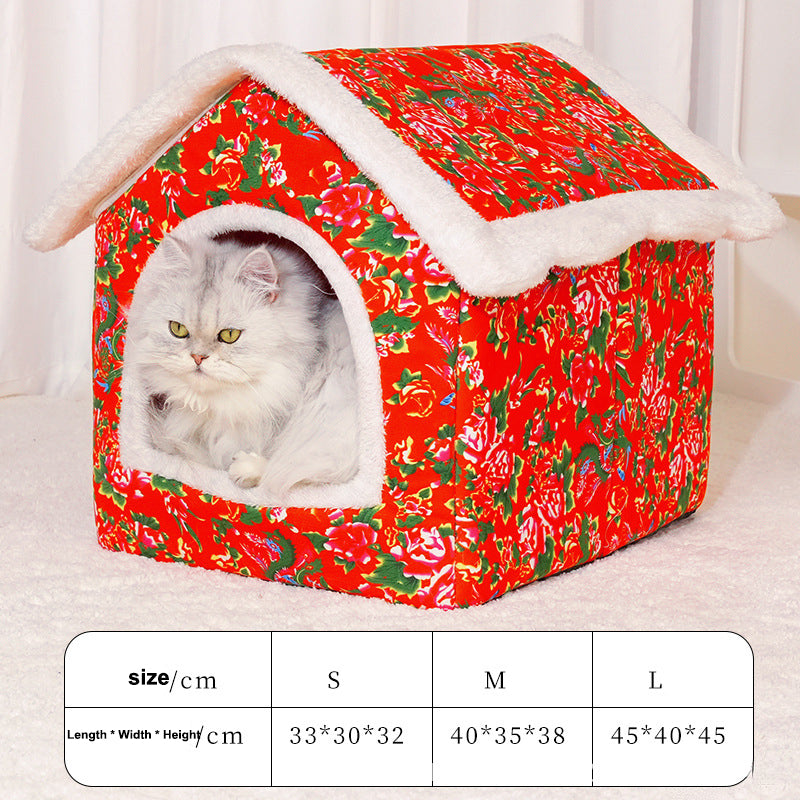 Chinese Style Cat Nest For Winter, Warm And Closed Cat House, Safe, Universal, For All Four Seasons, Super Large, Large Flower Jacket