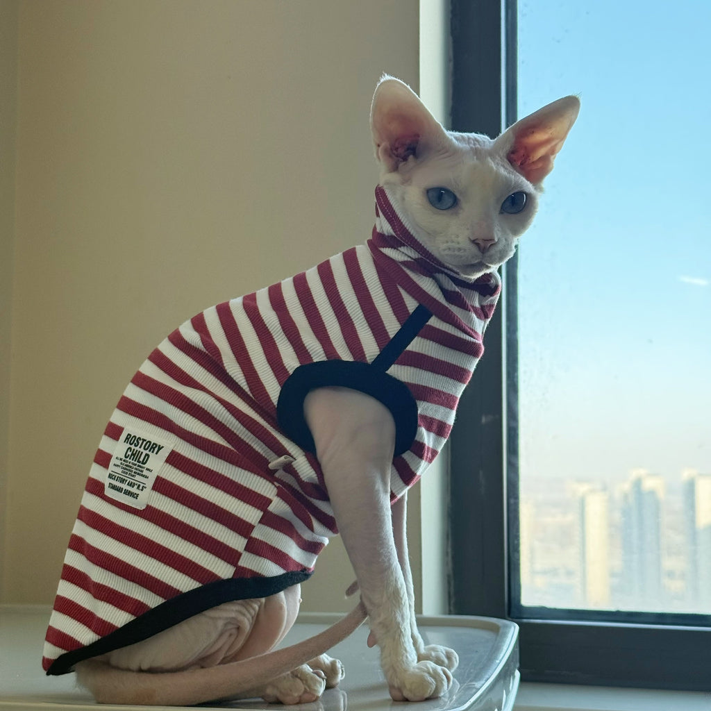 Sphynx Cat Spring Sleeveless Shirt Red And White Striped Fashion Clothes For Hairless Cats Devon Rex
