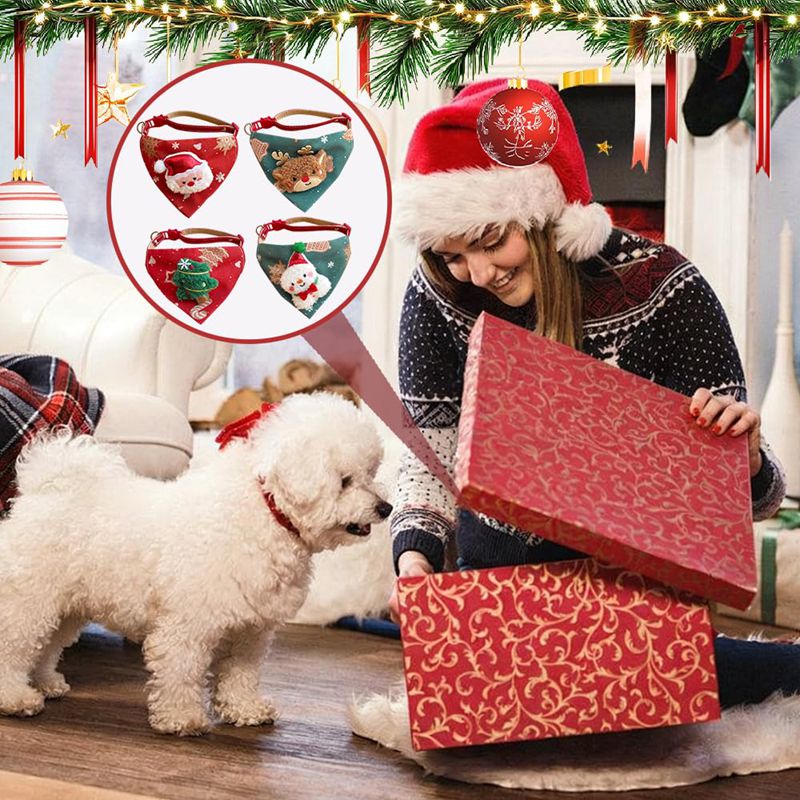 Christmas Pet Large Handkerchief Scarf, Red Santa Claus And Christmas Tree Pattern, One Size Suitable For All 9.06-15.75 Inches.Adjustable Festival