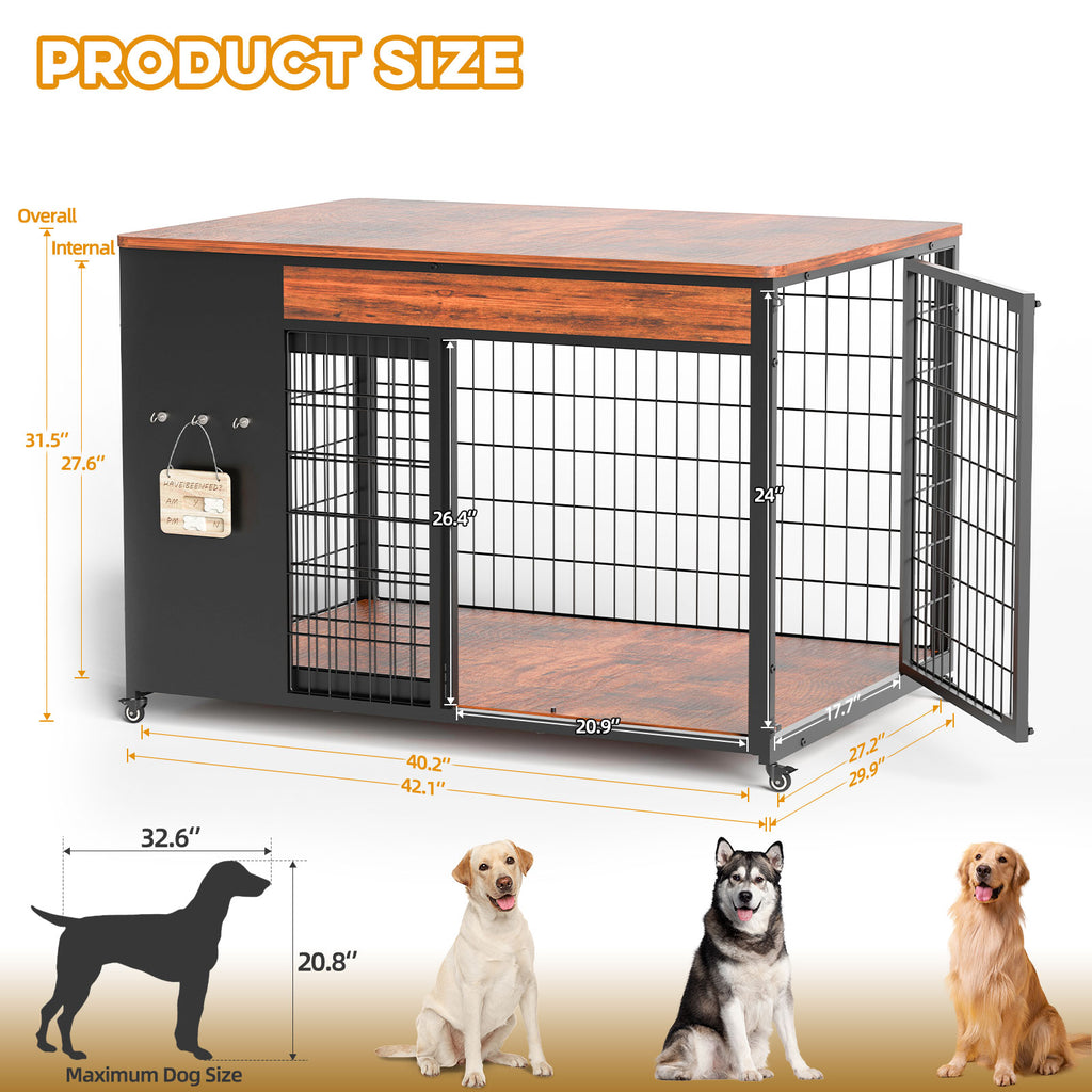 42-Inch Double Wide Wooden Double-Door Dog Crate Side Table Combo - Heavy-Duty DIY Assembly, Chew-Resistant Construction, Indoor Living Room