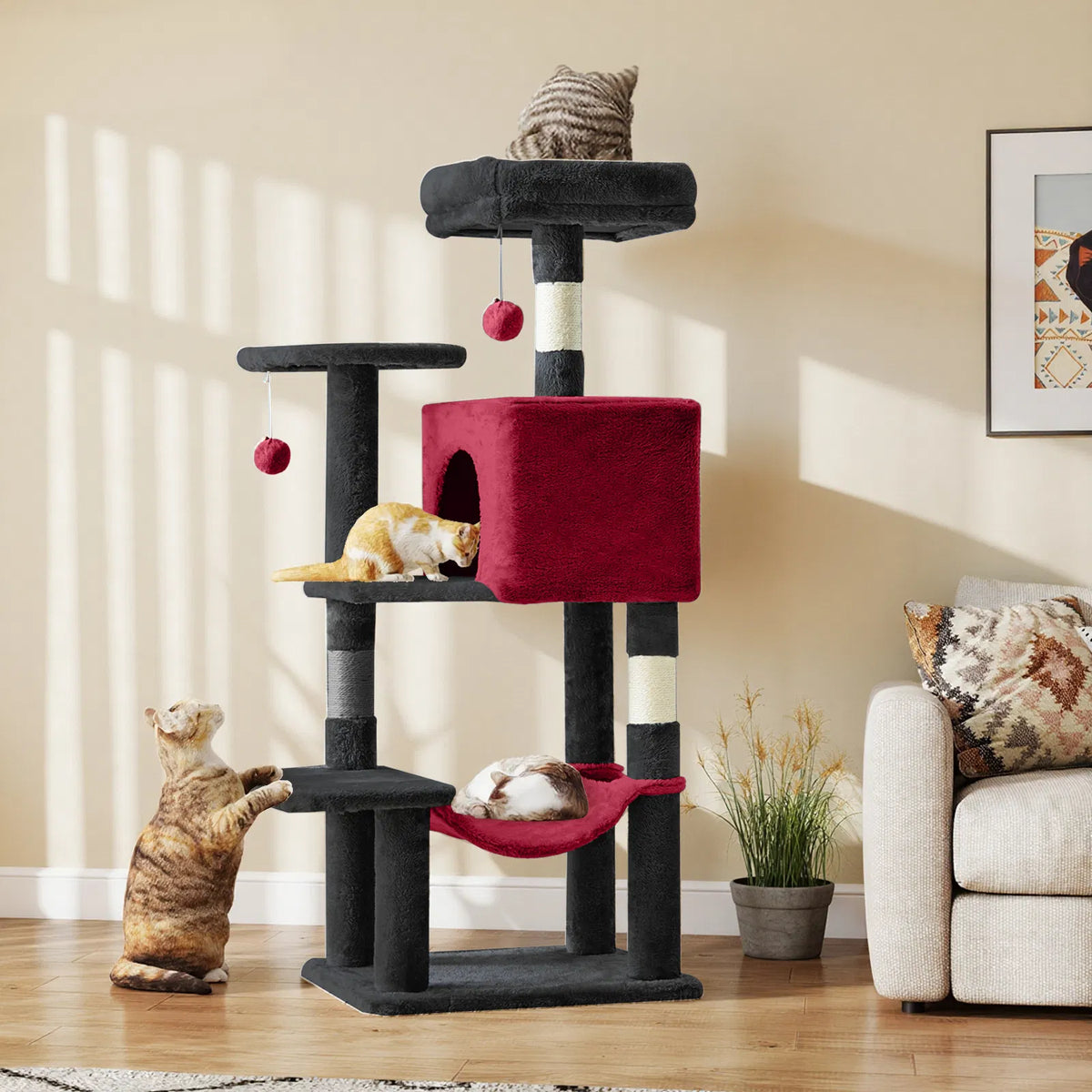 44 inch Cat Tree Tower, Multi-Cat Climbing Tower with, Natural Sisal Scratching Posts, Extended Platform, Hammock