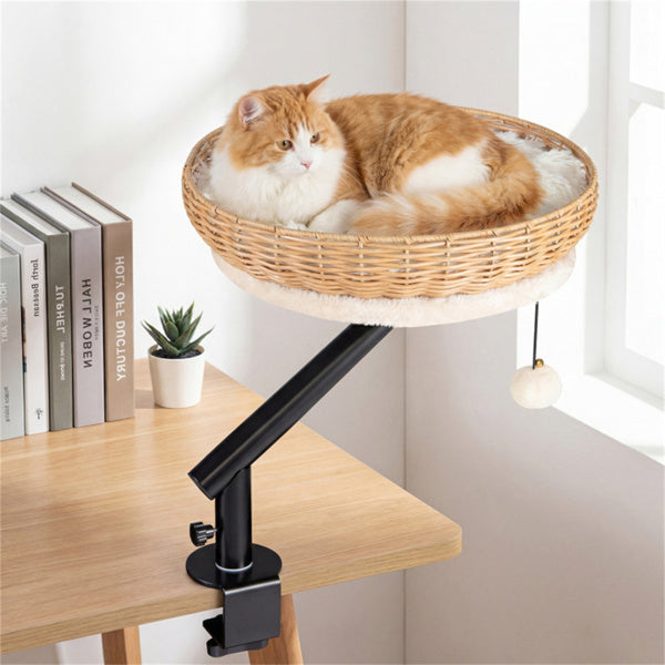 360 Rotatable Desktop Cat Bed Perch, 2-in-1 Workspace Cat Retreat With Jingling Ball Natural Black White