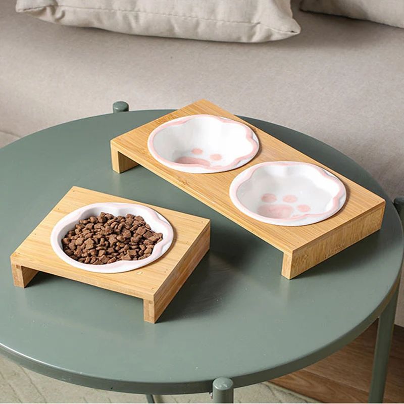 Pet Supplies Bamboo Frame Hand Colored Ceramic Protection For Cervical Vertebrae Eating Drinking Samll Cat And Dog Bowls