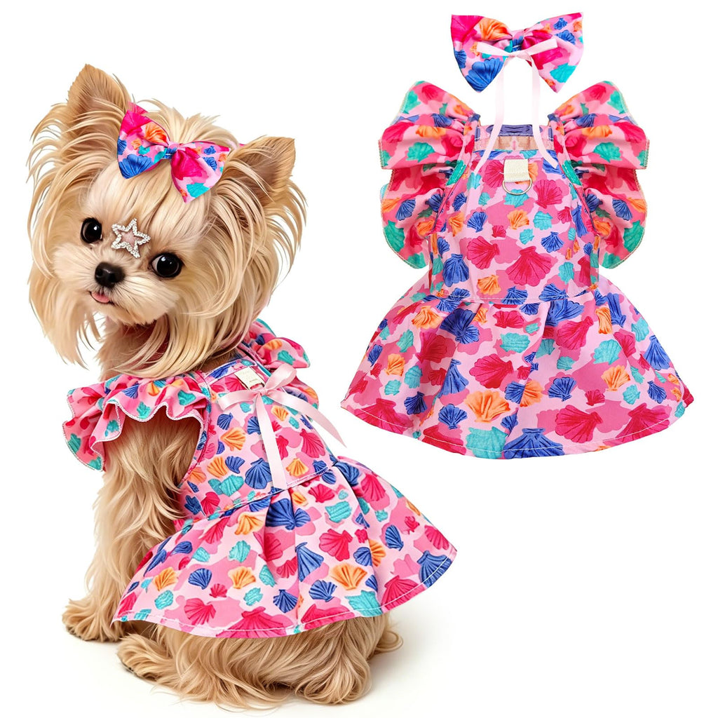 Cute Floral Small Dog Cat Harness Dress Outfits With Bow & Leash D-Ring,Soft Breathable Summer Ruffle Puppy Clothes Girl,3-Way Styling Female Dog