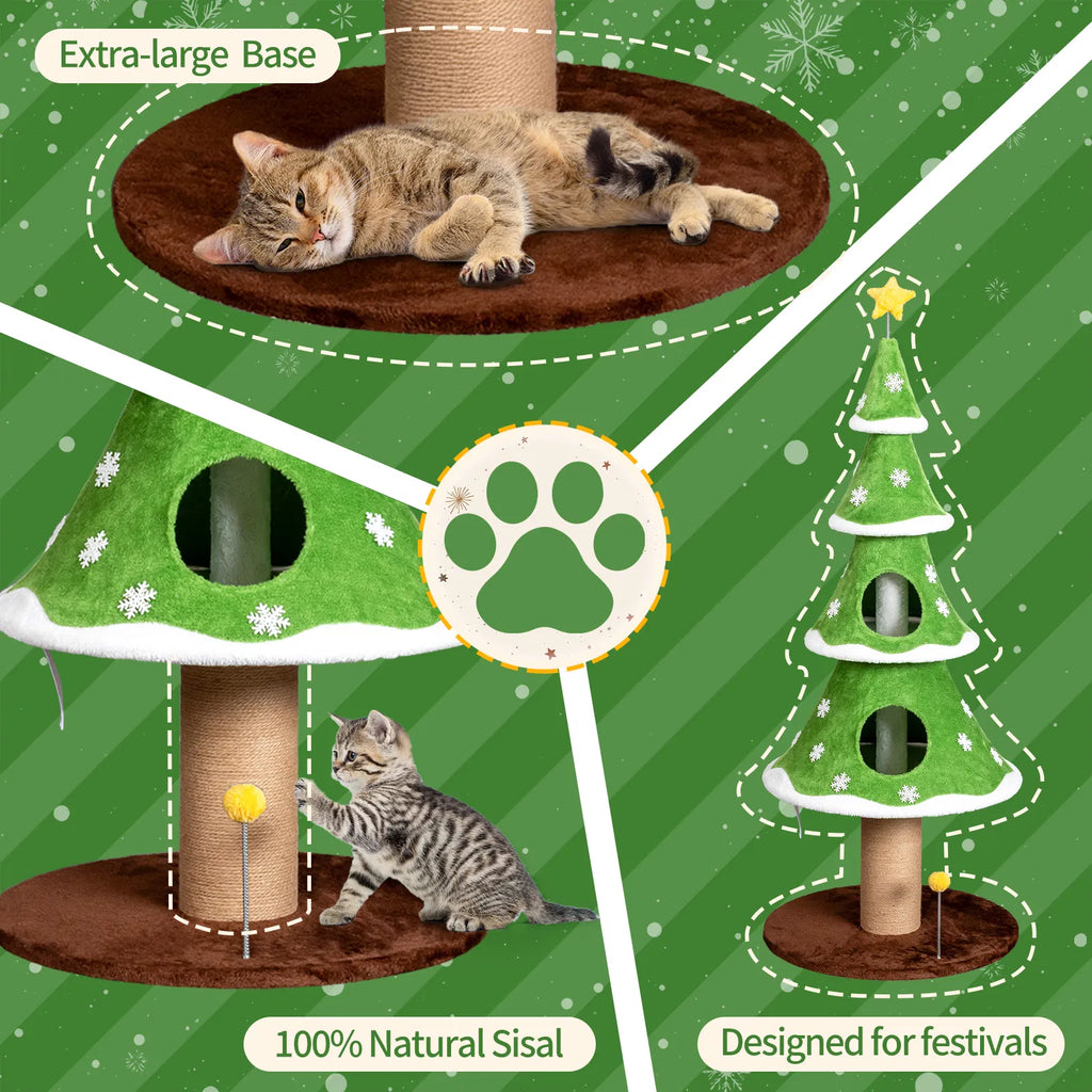 59in Large Tall Christmas Tree Cat Tower with 2 Cat Condos & Scratching Post, Soft Fleece Cat Tree with Teaser Toy & Sturdy Base & Built-in Openings