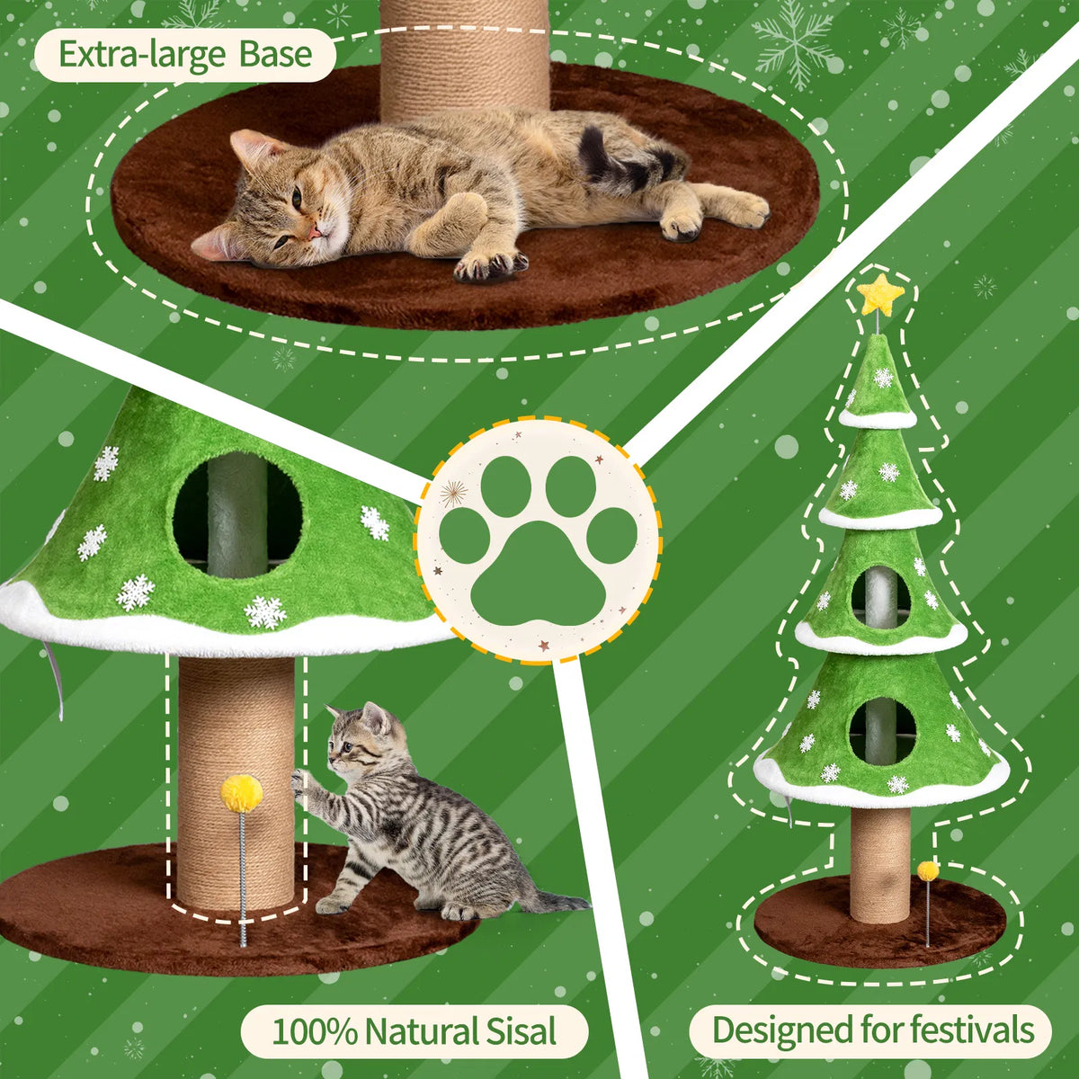 59in Large Tall Christmas Tree Cat Tower with 2 Cat Condos & Scratching Post, Soft Fleece Cat Tree with Teaser Toy & Sturdy Base & Built-in Openings